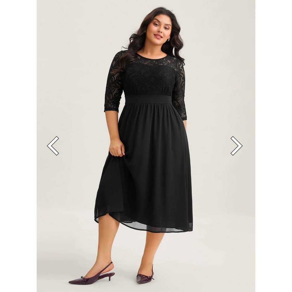 BloomChic Black Lace Patchwork 3/4 Sleeve Midi Dress Plus Size Fit & Flare